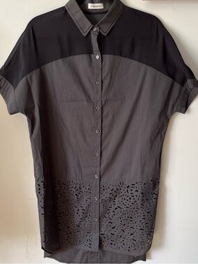 Oversized Minimalist Lagenlook Short Sleeve Women’s Button Up Laser Cut Shirt